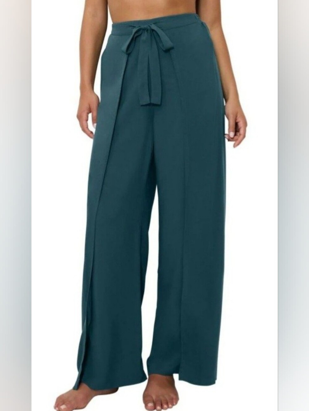 Entro Wide Split Leg Sateen GORGEOUS Green Teal Tie Waist Trousers NWT